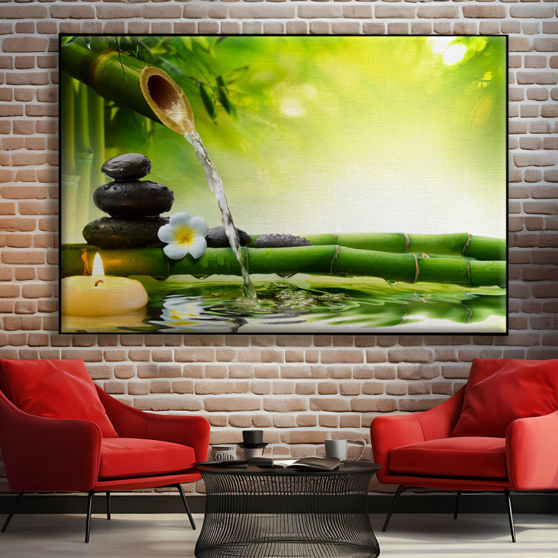 Textilspannrahmen mit Motiv: Bambus im Wasser mit Kerze