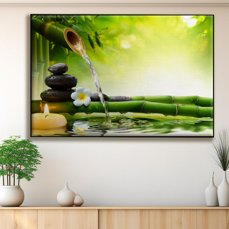 Textilspannrahmen mit Motiv: Bambus im Wasser mit Kerze