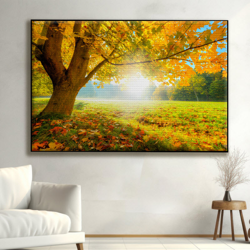 Akustikstoff mit Motiv: Herbstlicher Wald mit Sonnenschein