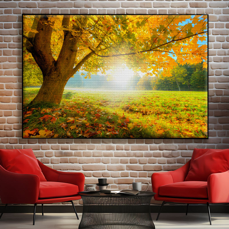 Akustikstoff mit Motiv: Herbstlicher Wald mit Sonnenschein