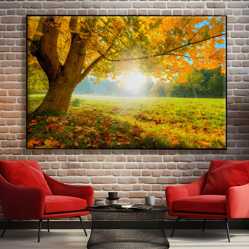 Textilspannrahmen mit Motiv: Herbstlicher Wald mit Sonnenschein