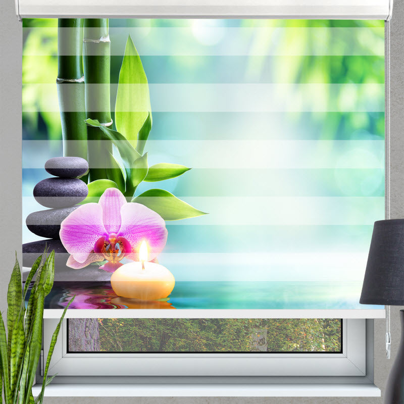 Doppelrollo mit Motiv: Spa Steine mit Orchideeblüte