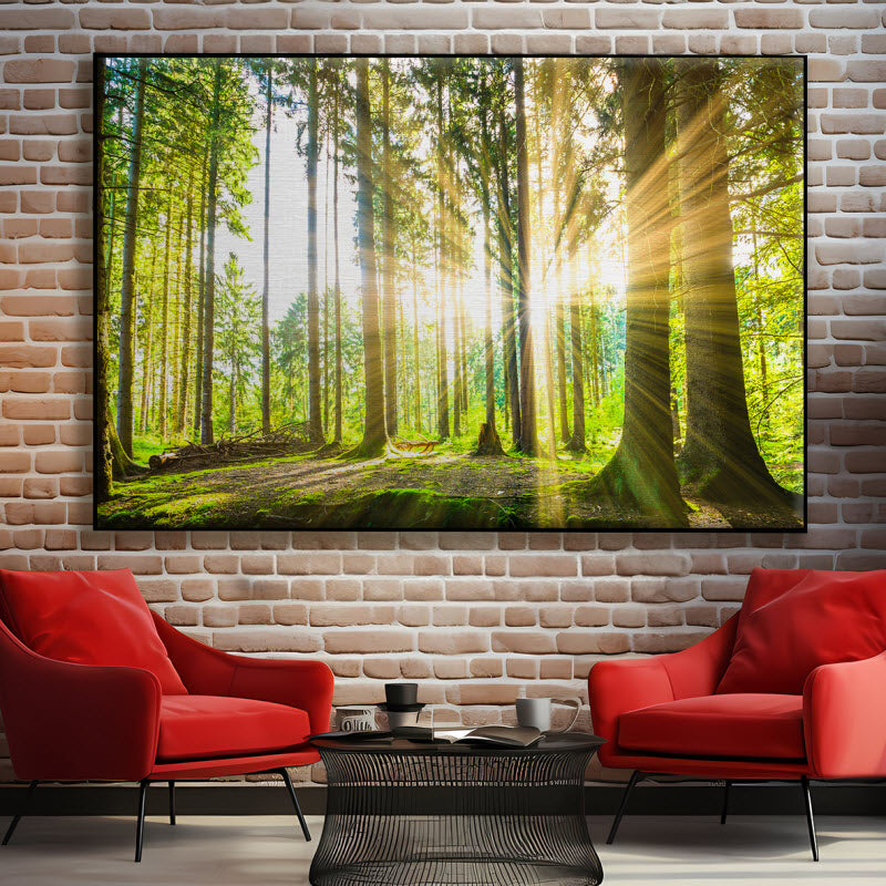 Textilspannrahmen mit Motiv: Sonne strahlt durch den Wald