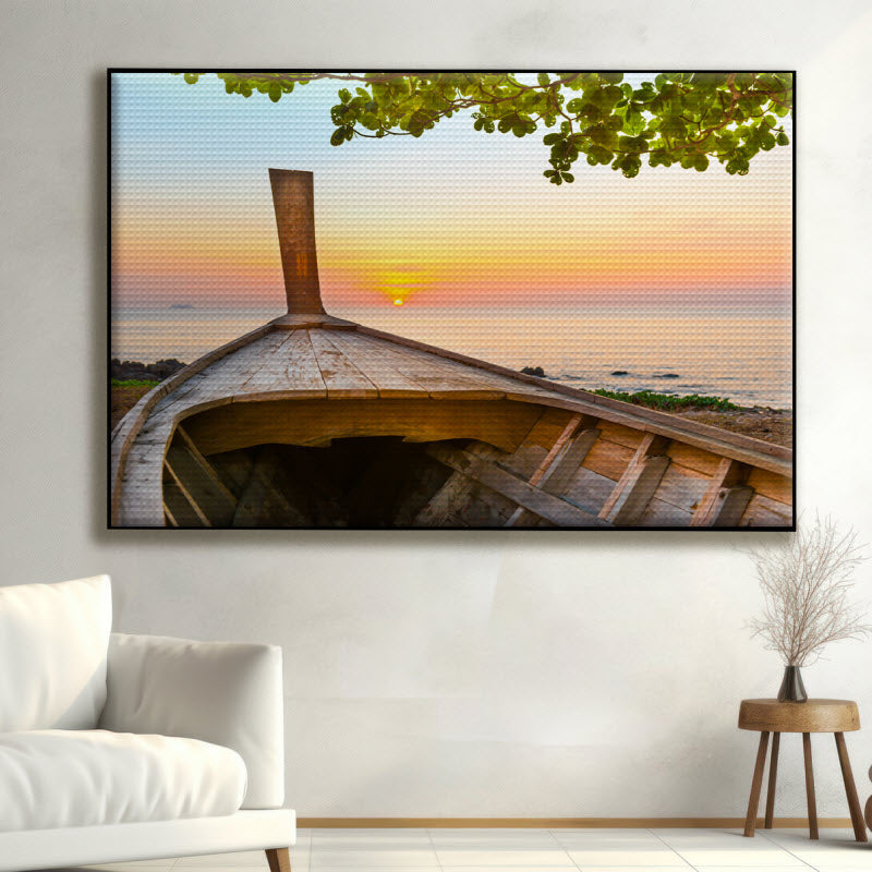 Akustikstoff mit Motiv: Boot mit Sonnenuntergang