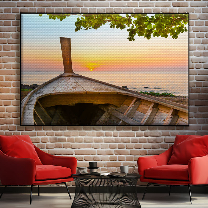 Akustikstoff mit Motiv: Boot mit Sonnenuntergang