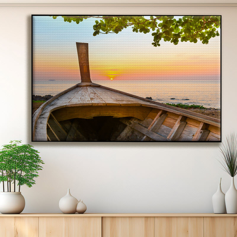 Akustikstoff mit Motiv: Boot mit Sonnenuntergang