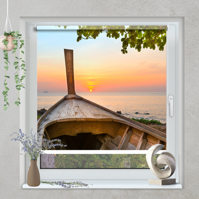 Klemmfix Rollo mit Motiv: Boot mit Sonnenuntergang