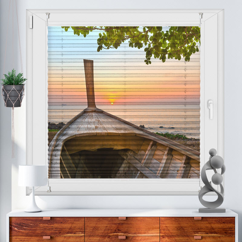 Wabenplissee mit Motiv: Boot mit Sonnenuntergang