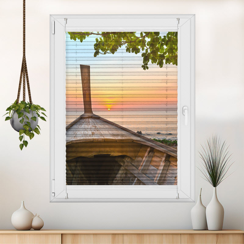 Wabenplissee mit Motiv: Boot mit Sonnenuntergang