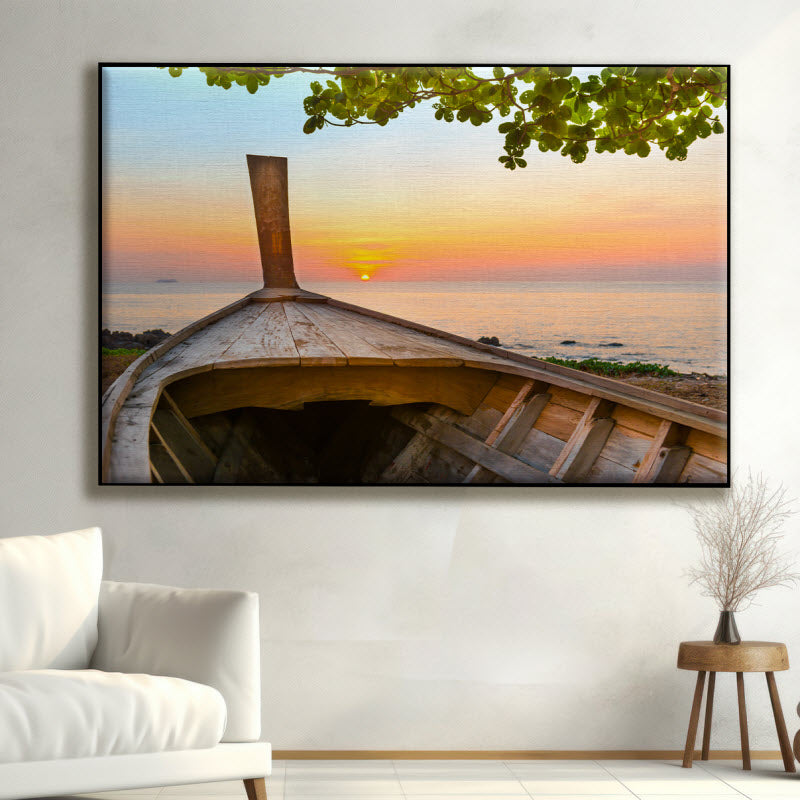 Textilspannrahmen mit Motiv: Boot mit Sonnenuntergang