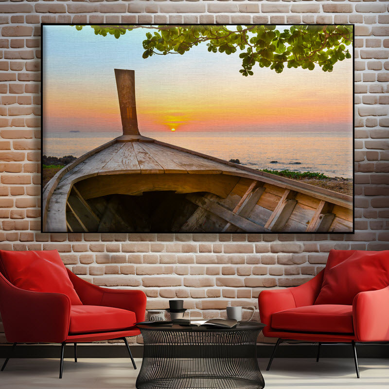 Textilspannrahmen mit Motiv: Boot mit Sonnenuntergang