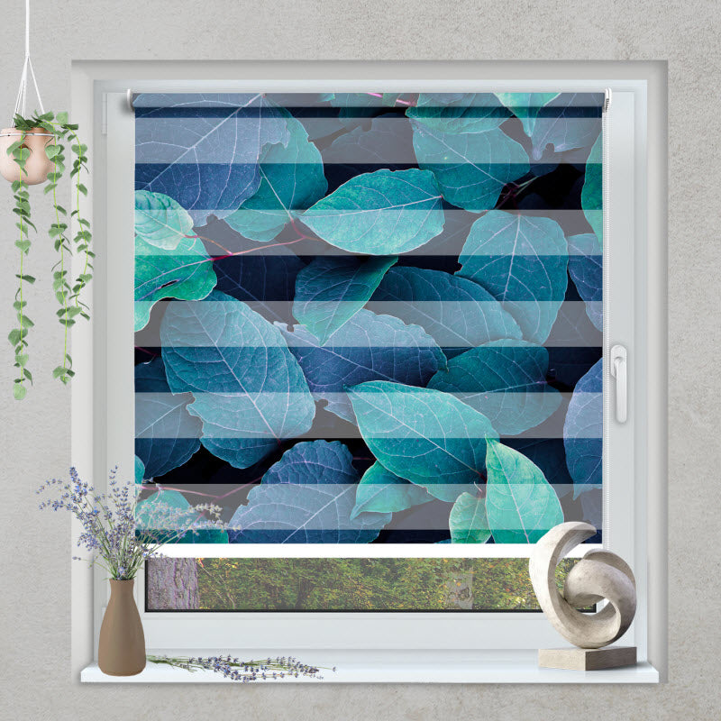 Klemmfix Doppelrollo mit Motiv: Blätter Grün Blau