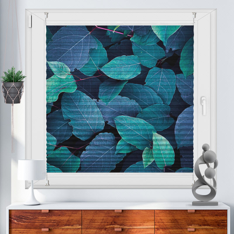 Plissee mit Motiv: Blätter Grün Blau
