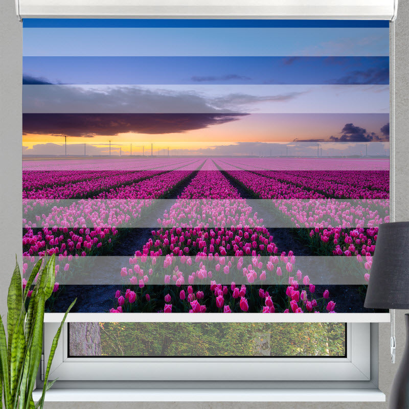 Doppelrollo mit Motiv: Lila Tulpenfeld