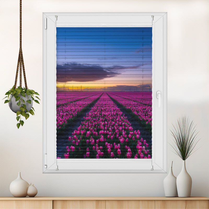 Wabenplissee mit Motiv: Lila Tulpenfeld