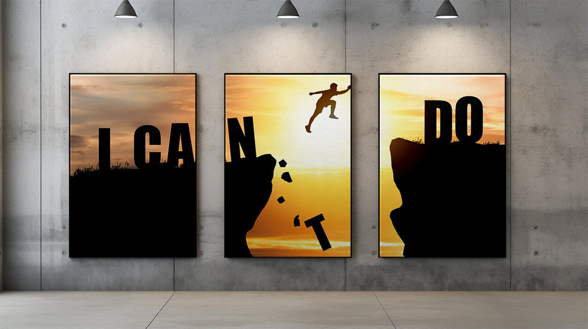 Drei bedruckte Textilspannrahmen bedruckt mit einem Motivations-Motiv über 3 Elemente