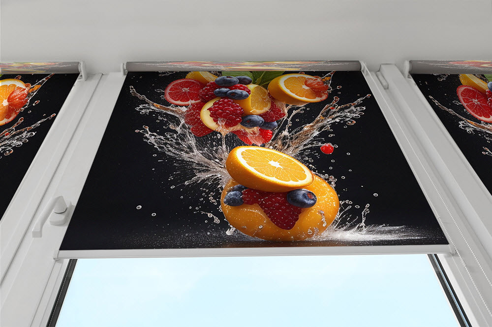 Klemmfix Rollo bedruckt mit einem Motiv "Obst Explosion"