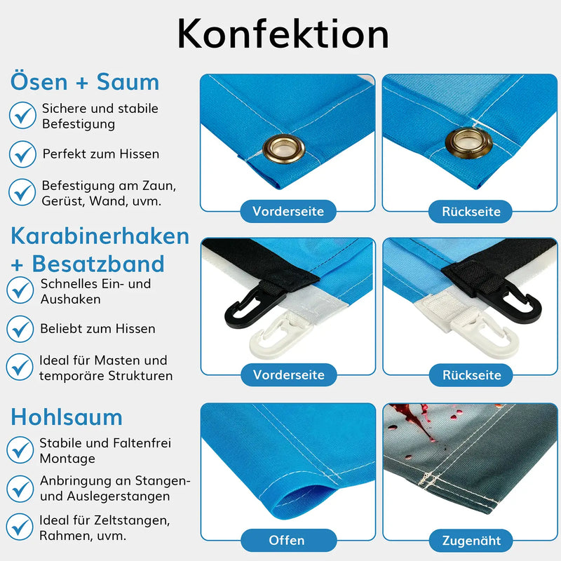 Konfektionen: Ösen + Saum, Karabinerhaken + Besatzband, Hohlsaum (optional zugenäht)