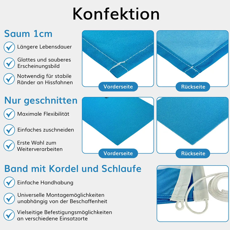 Konfektion: Saum 1 cm, Nur geschnitten, Band mit Kordel und Schlaufe
