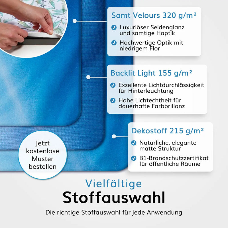 Vielfältige Stoffauswahl: Samt Velours - Seidenglanz, Backlit light - zum Hinterleuchten, Dekostoff - matte Struktur