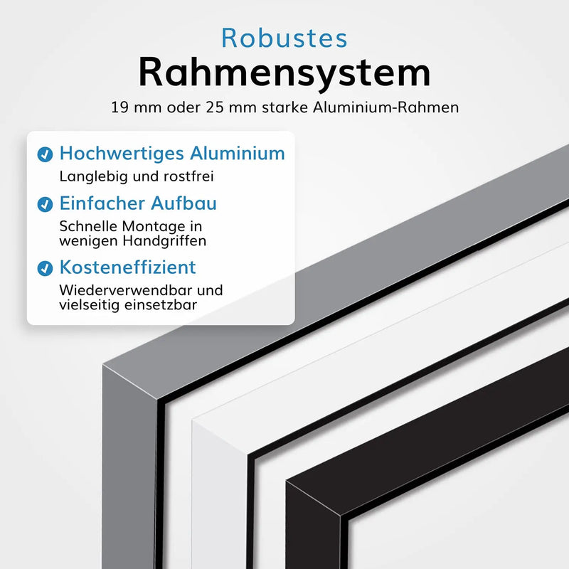 Robustes Rahmensystem: 19 mm oder 25 mm starke Aluminium-Rahmen