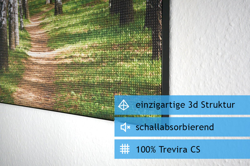 Textilspannrahmen mit Akustikstoff bespannt und einem bedruckten Waldmotiv