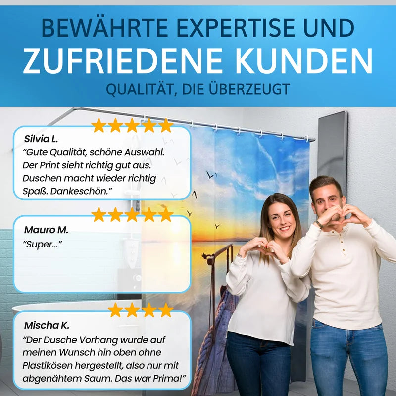 Zufriedene Kundenbewertungen zu bedruckbaren Duschvorhängen mit hochwertigen Motiven.