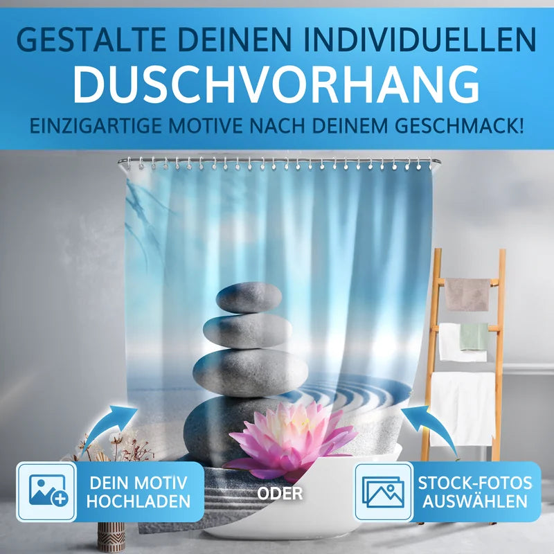 Gestalte deinen individuellen Duschvorhang mit einem einzigartigen Motiv oder eigenen Fotos.