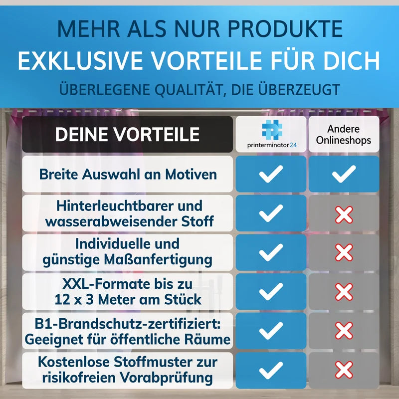 Vorteile von Duschvorhängen gegenüber der Konkurrenz: wasserabweisend, hinterleuchtbar und in individuellen Maßen verfügbar.