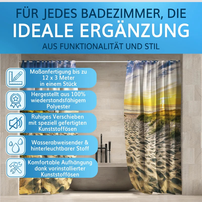Bedruckbarer Duschvorhang aus 100% Polyester, wasserabweisend, langlebig und viele weitere Vorteile.