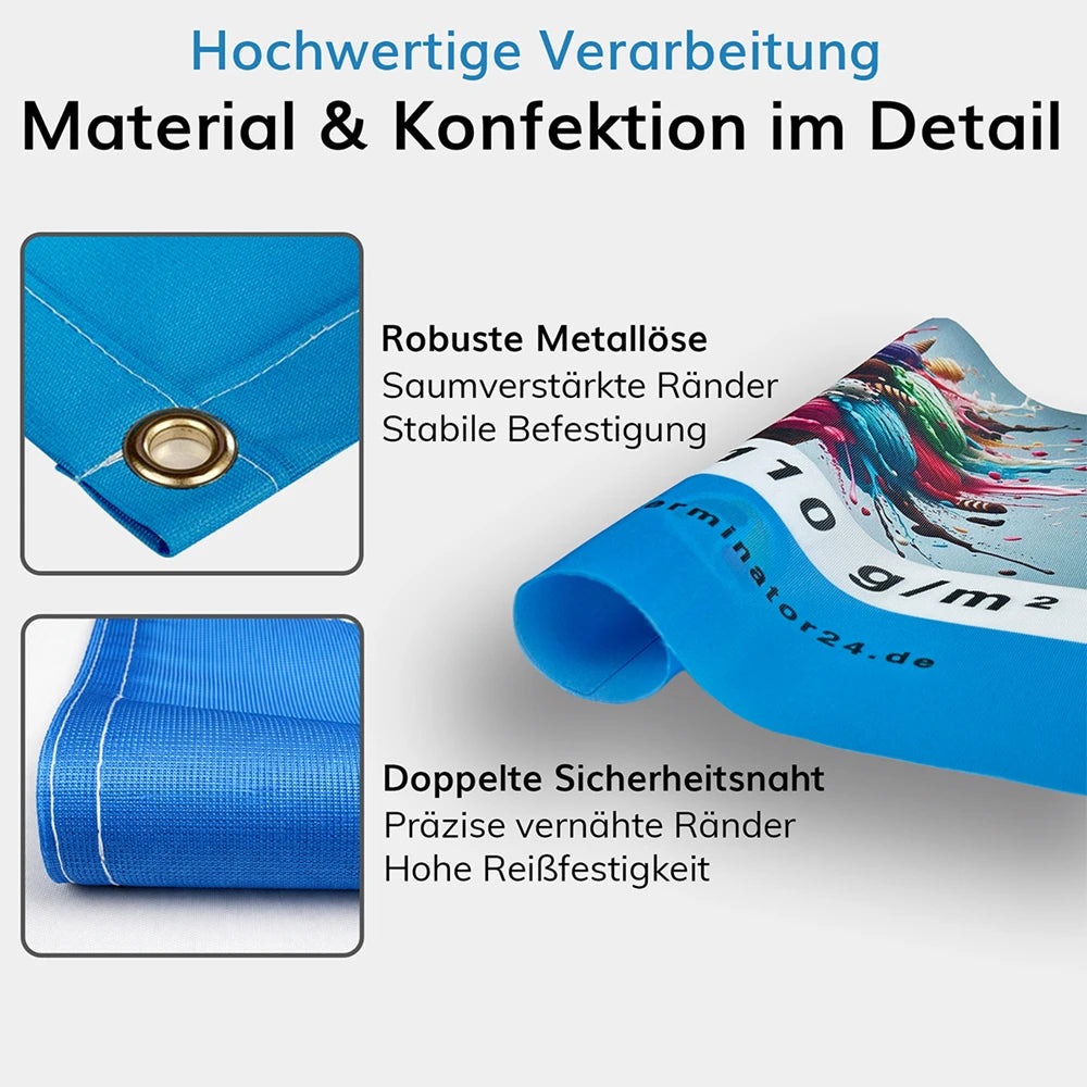 Fahne bedrucken lassen hochwertige Verarbeitung mit Metallösen doppelte Naht langlebige bedruckte Fahne für außen robust und reißfest