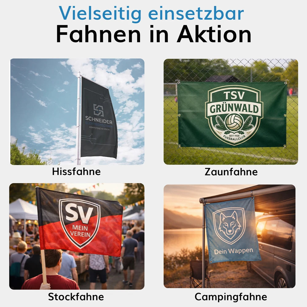Bedruckte Fahne Anwendungsbeispiele Hissfahne Zaunfahne Stockfahne und Campingfahne individuell gestaltet mit Logo oder Wunschmotiv