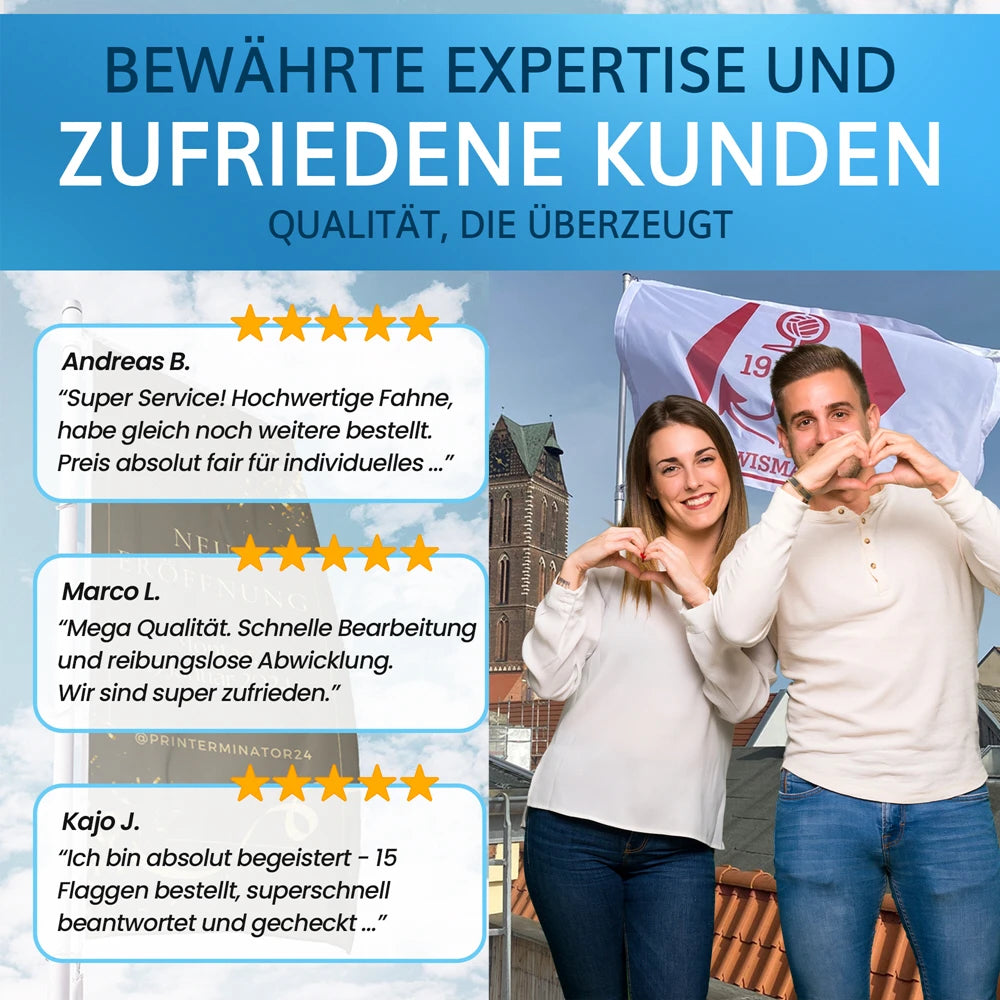 Fahne erstellen Erfahrungen Kundenbewertungen hochwertige bedruckte Fahne mit Logo schnelle Lieferung und Top Qualität