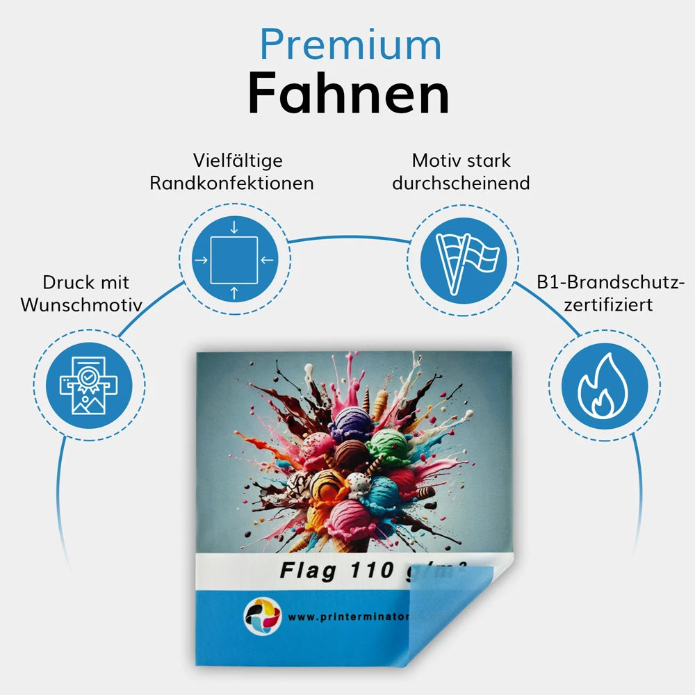 Fahne gestalten Vorteile Premium Fahne mit Druck vielfältige Randkonfektionen B1 Brandschutz zertifiziert und durchscheinendes Motiv