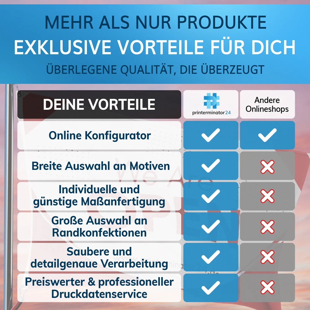 Fahne selbst gestalten Vergleich Vorteile Printerminator24 vs andere Onlineshops hochwertige bedruckte Fahne mit Logo und Maßanfertigung