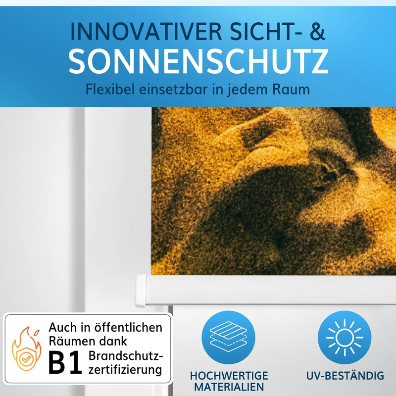 Foto Kassettenrollo als Sicht- und Sonnenschutz, UV-beständig, aus hochwertigen Materialien, beidseitig bedruckbar.