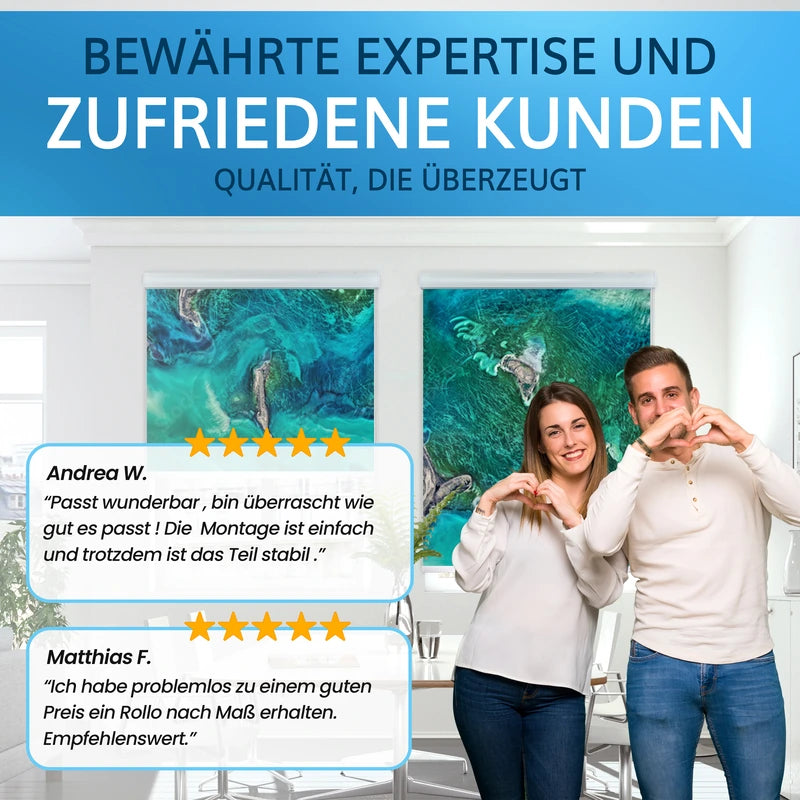 Kundenbewertungen für Kassettenrollos mit Motiv von Printerminator24.