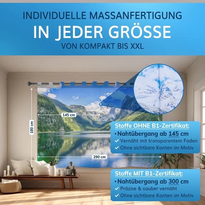 Individuelle Maßanfertigung für Fotovorhänge in verschiedenen Größen, mit Nahtübergang ab 145/300 cm und B1-Zertifikat.