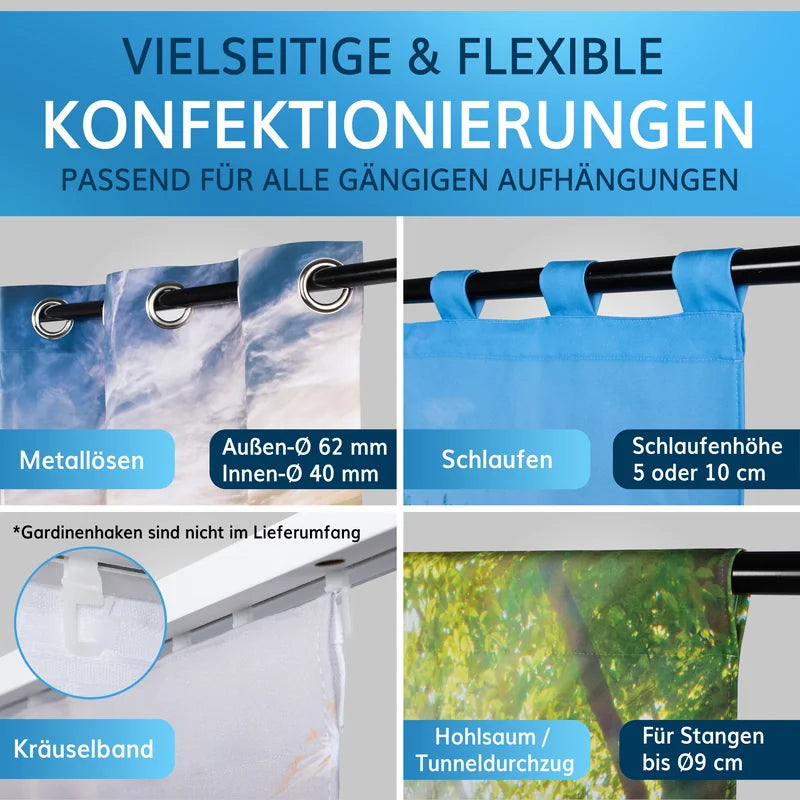 Vielseitige und flexible Konfektionierungen für Fotovorhänge: Metallösen, Schlaufen, Kräuselband und Hohlsaum.