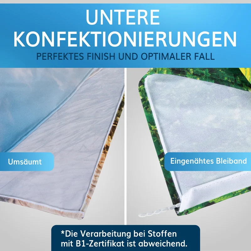 Untere Konfektionierungen für Fotovorhänge: Umsäumt oder mit eingenähtem Bleiband für optimalen Fall.