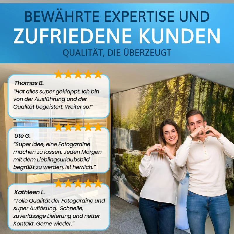 Bewährte Expertise und zufriedene Kundenbewertungen für Fotovorhänge bei Printerminator24.