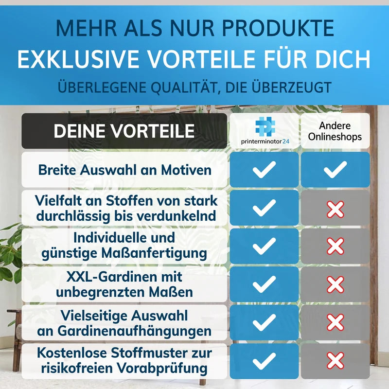 Exklusive Vorteile von Printerminator24: breite Motivauswahl, maßgeschneiderte Fertigung und vielseitige Aufhängungsoptionen.