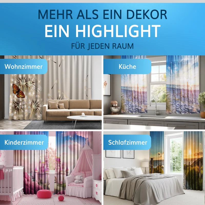 Fotovorhänge als Highlight für jeden Raum: ideal für Wohnzimmer, Küche, Kinderzimmer und Schlafzimmer.