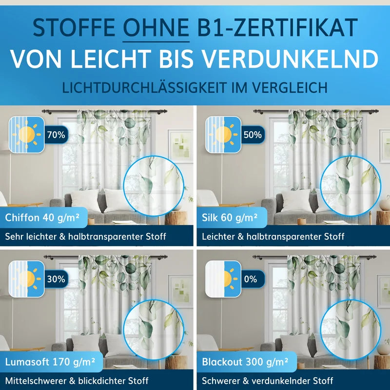 Fotovorhänge mit Stoffen ohne B1-Zertifikat: von leichten, transparenten bis zu blickdichten Materialien.