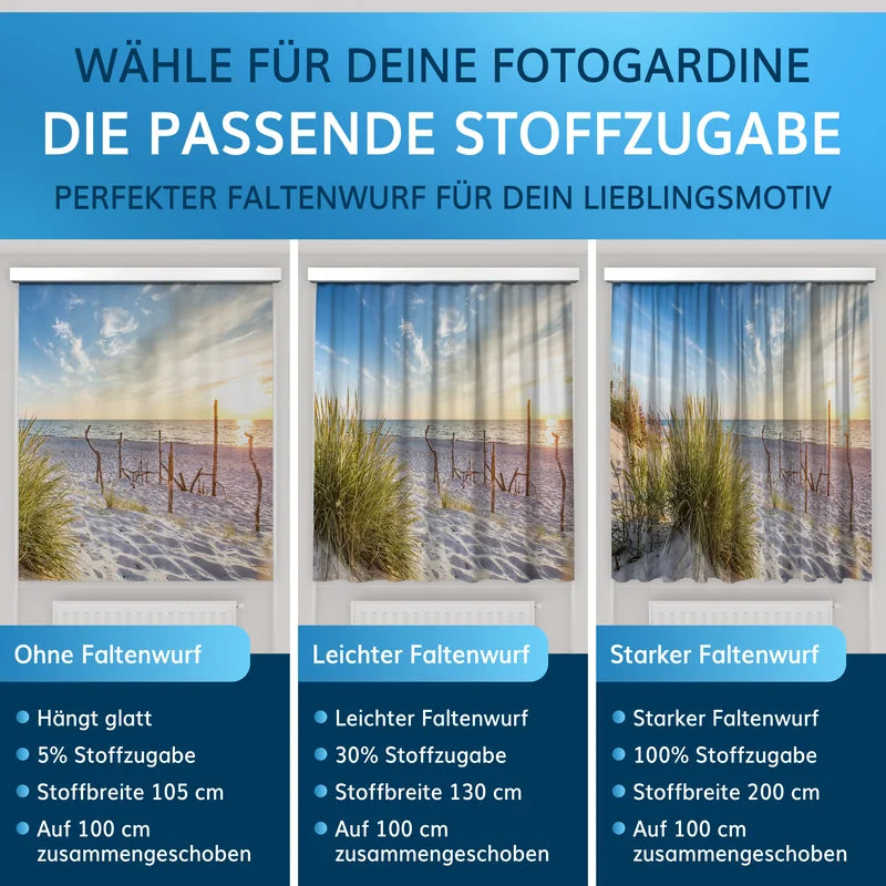 Wähle die passende Stoffzugabe für deinen Fotovorhang: von glatter bis starker Faltenbildung.