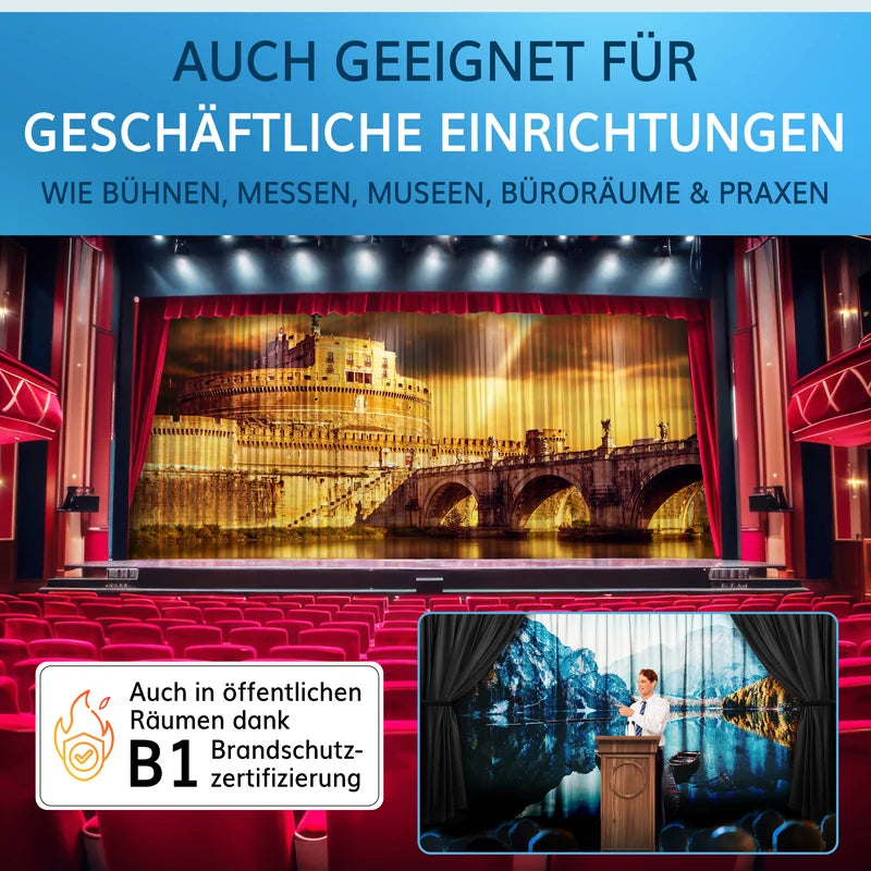 Fotovorhänge, auch geeignet für geschäftliche Einrichtungen wie Bühnen, Messen, Museen und Büros, mit B1-Brandschutzzertifizierung.