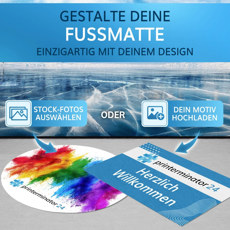 Gestalte deine Fußmatte mit individuellem Design – wähle zwischen eigenen Motiven und Stockfotos.