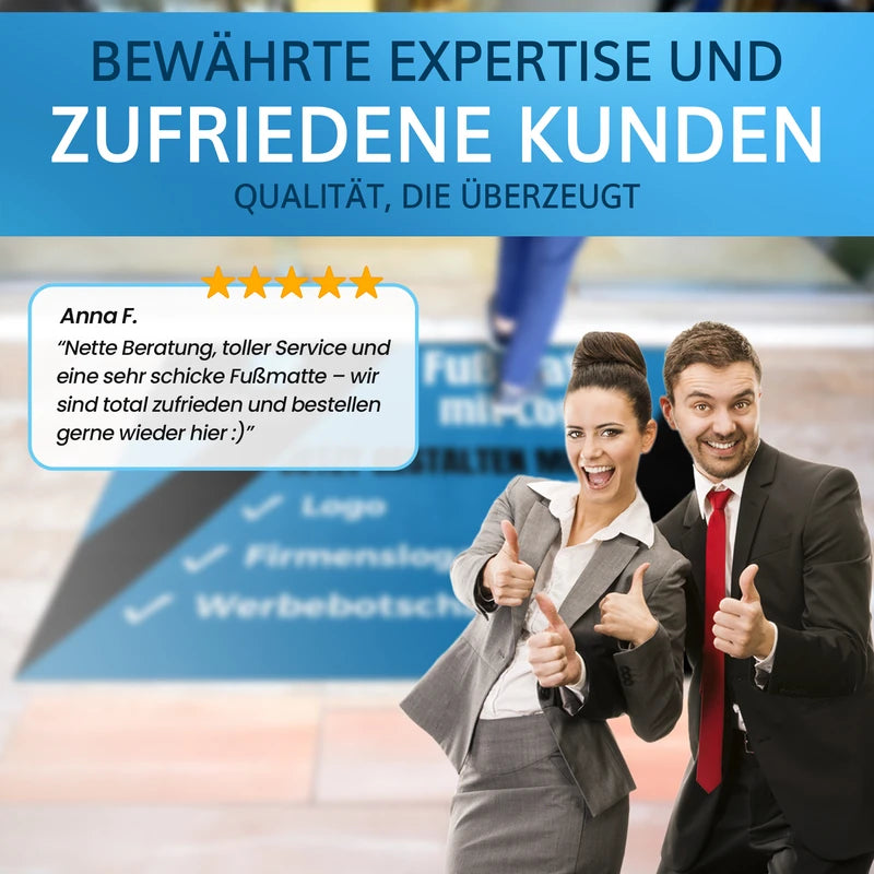Zufriedene Kunden bewerten individuell bedruckte Fußmatten mit Logo von Printerminator24.