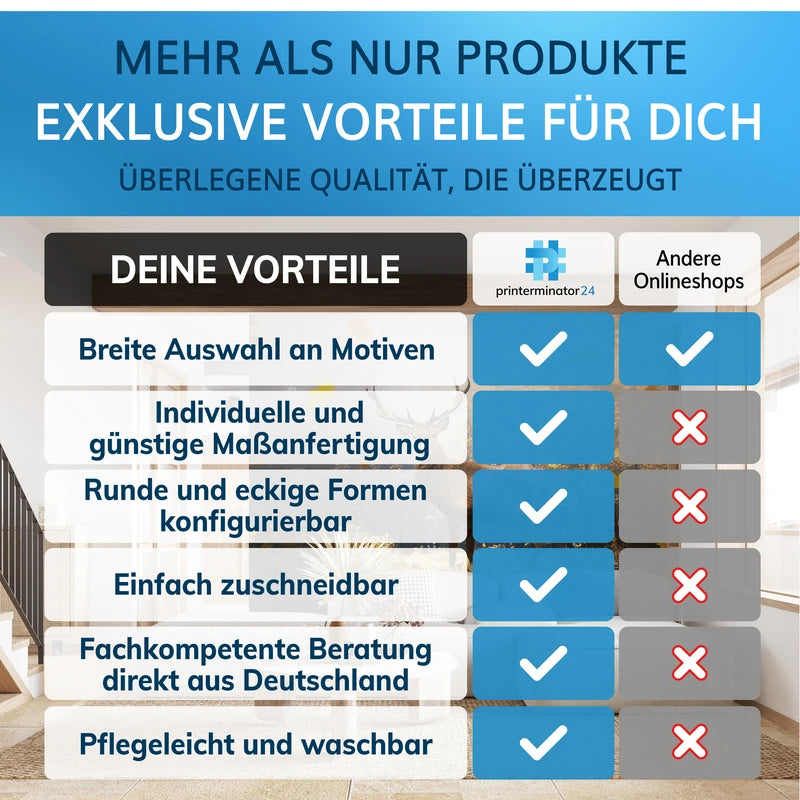 Übersicht der Vorteile von bedruckten Fußmatten mit Logo im Vergleich zu anderen Onlineshops.