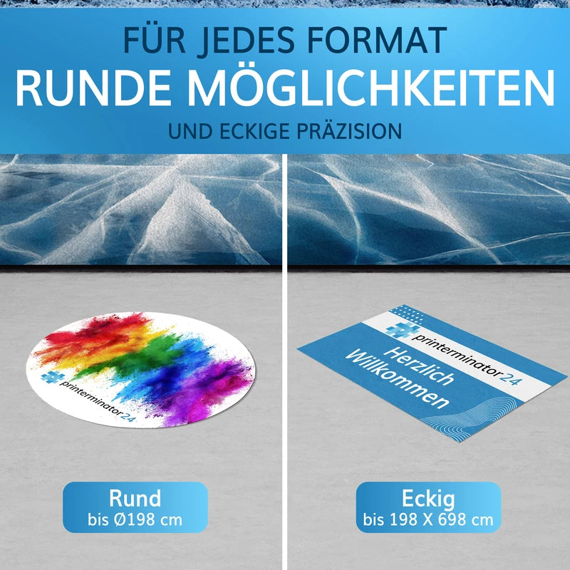 Runde und eckige Fußmatten mit individuellem Logo in verschiedenen Formaten.
